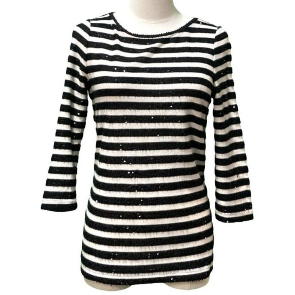 Talbots 3/4 Sleeve Black /White Striped Sequin Knit Pullover Sweater Size S/P